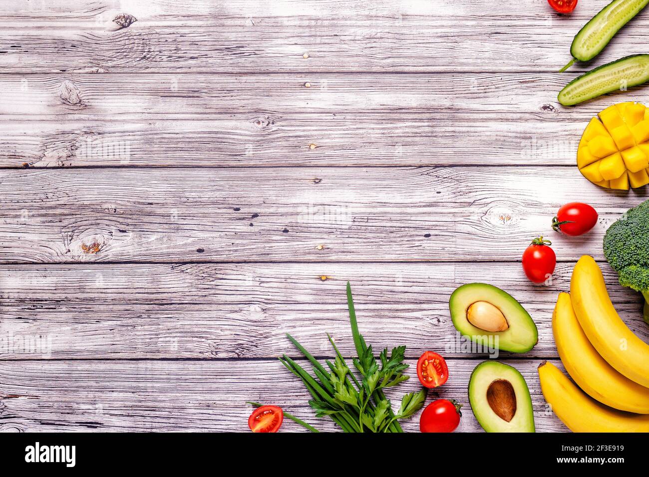 Healthy vegetables and fruits background with copy space Stock Photo ...