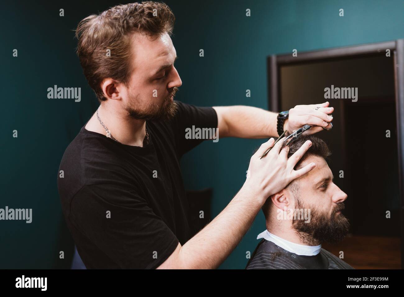Professional barber doing haircut to bearded man customer using scissors and comb. Stock Photo