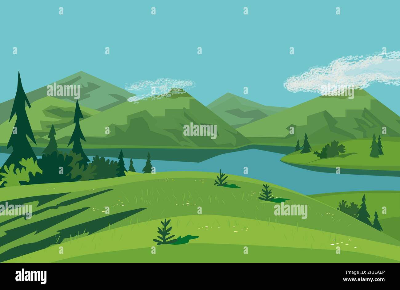 Forest on mountains river landscape Stock Vector
