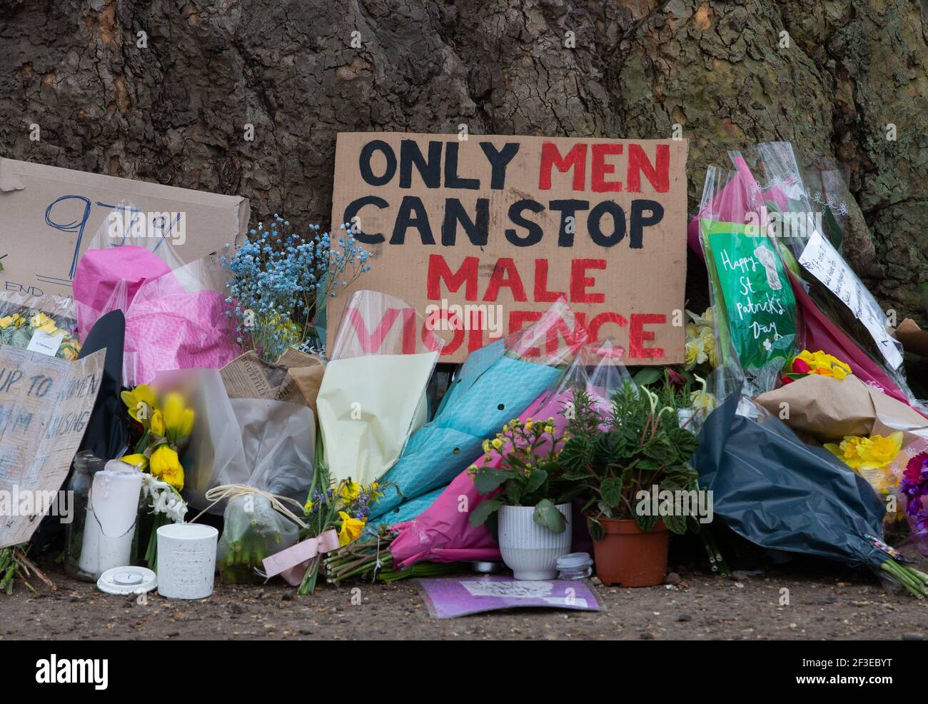 London, UK. 16th Mar, 2021. People continue to leave tributes and flowers for Sarah Everard at the bandstand on Clapham Common which has become a shrine. Sarah was last seen on March 3rd. Her body was found in a builders' bag in Woodland at Ashord. PC Wayne Couzens appeared at the Old Bailey via videolink from Belmarsh prison today. He will go on trial in October. Credit: Mark Thomas/Alamy Live News Stock Photo