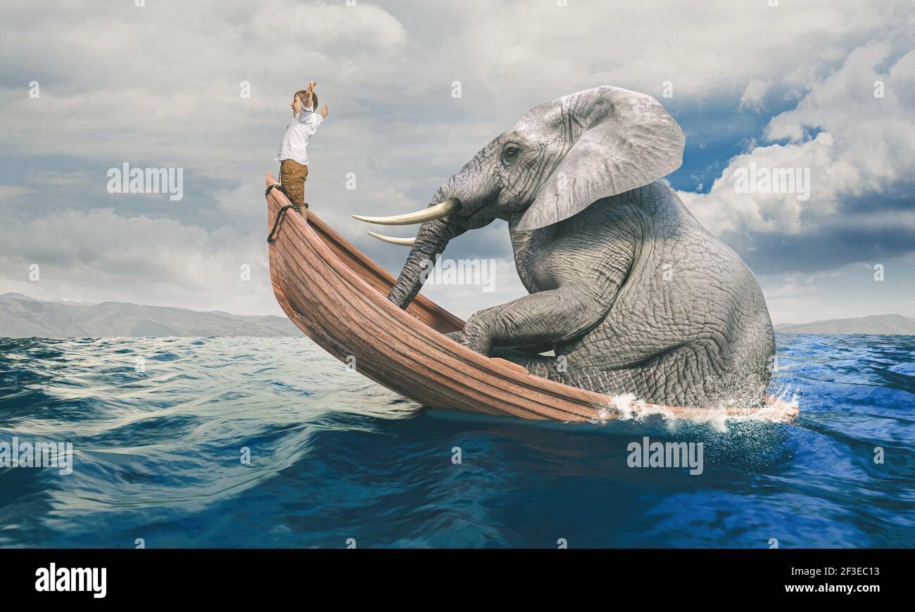 happy child on a shared boat with a big elephant. Stock Photo