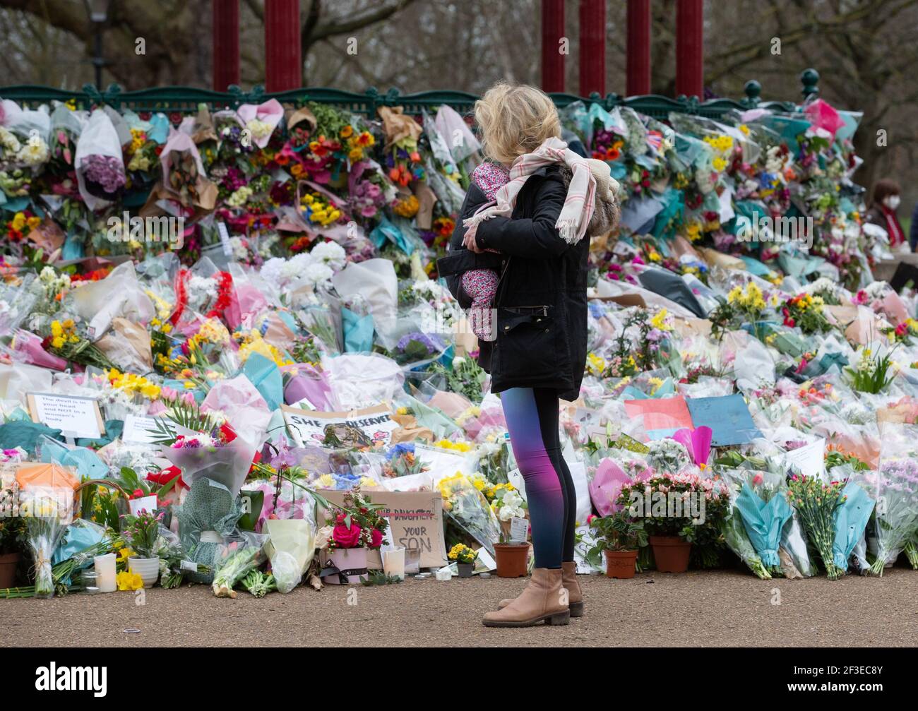 London, UK. 16th Mar, 2021. People continue to leave tributes and flowers for Sarah Everard at the bandstand on Clapham Common which has become a shrine. Sarah was last seen on March 3rd. Her body was found in a builders' bag in Woodland at Ashord. PC Wayne Couzens appeared at the Old Bailey via videolink from Belmarsh prison today. He will go on trial in October. Credit: Mark Thomas/Alamy Live News Stock Photo