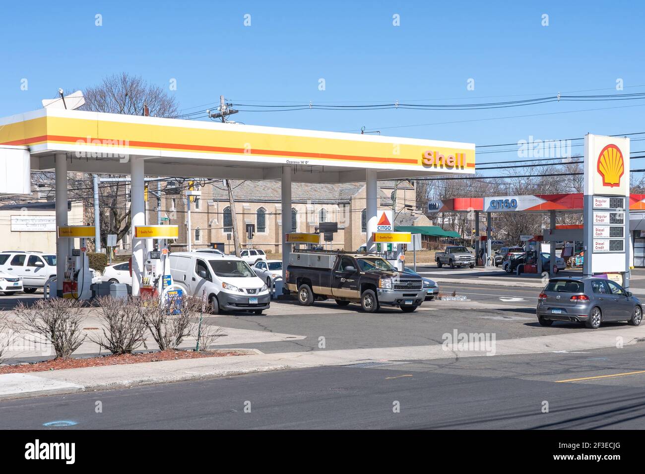A view of Shell and Citgo gas stations in Norwalk, Connecticut.Oil and gasoline prices were rebounding after last year's collapse in fuel demand and prices. According to the AAA motor club gas prices have risen about 35 cents a gallon on average over the last month and could reach $4 a gallon in some states by summer. Stock Photo