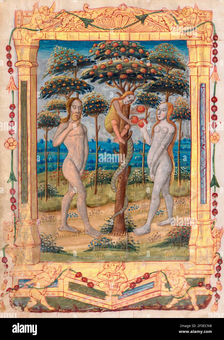 Leaf from a Book of Hours: Adam and Eve and the Fall of Man, circa 1510 Stock Photo