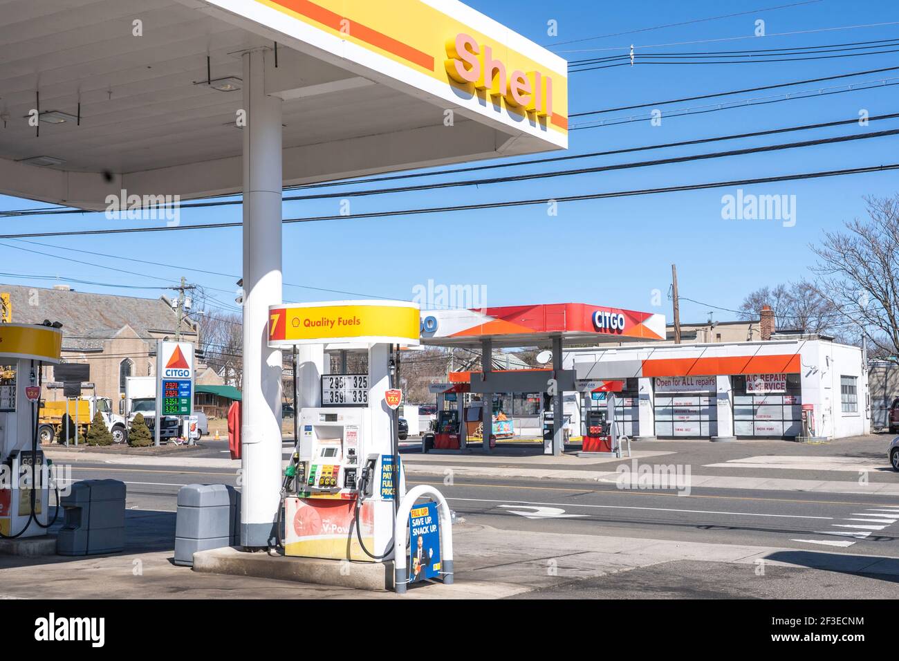 A view of Shell and Citgo gas stations in Norwalk, Connecticut.Oil and gasoline prices were rebounding after last year's collapse in fuel demand and prices. According to the AAA motor club gas prices have risen about 35 cents a gallon on average over the last month and could reach $4 a gallon in some states by summer. Stock Photo