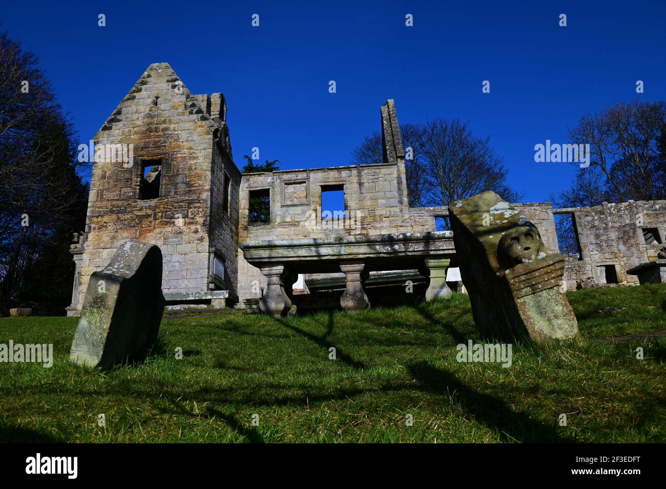 A view of the ruins of the medieval stone church building of St. Bridgets on the shoreline at Dalgety Bay in Fife. Stock Photo