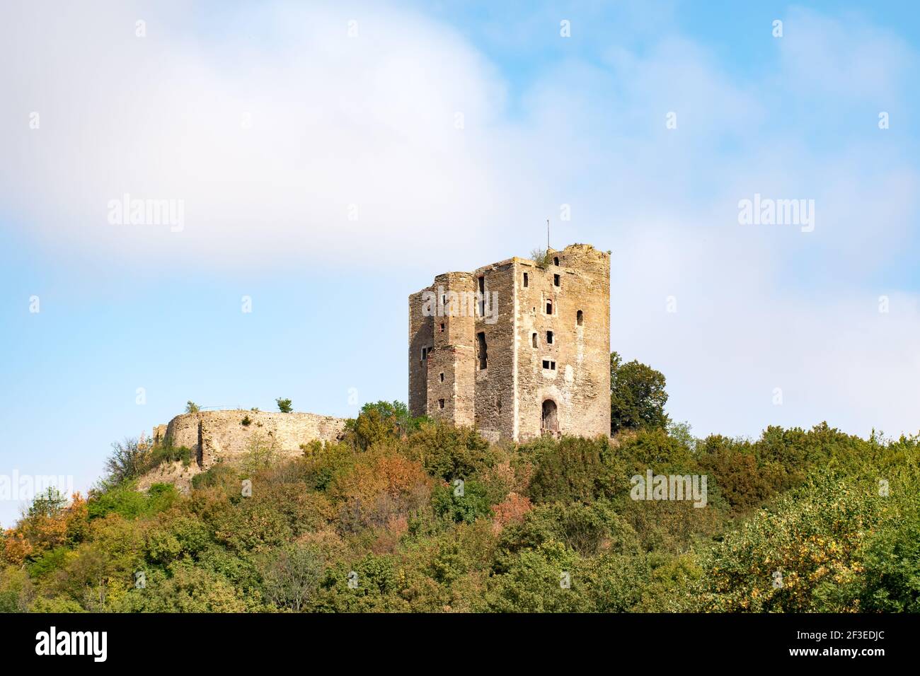 View of old ruin Arnstein castle with greenery under a cloudy sky in ...