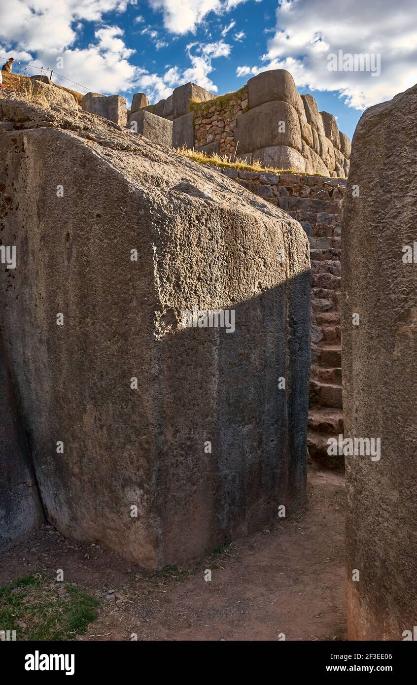 huge walls of Inca Fortress Saqsayhuaman, close above Cusco, Peru, South America Stock Photo