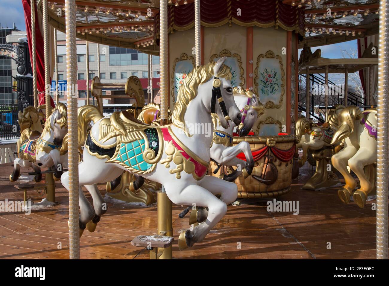 Old classic French vintage carousel horse in a holiday park