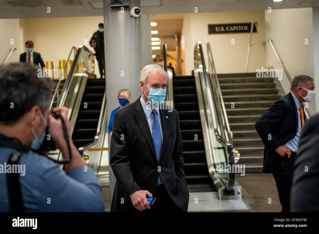 Washington, United States Of America. 16th Mar, 2021. United States Senator Ron Johnson (Republican of Wisconsin) makes his way through the Senate subway following a vote at the U.S. Capitol in Washington, DC, Tuesday, March 16, 2021. Credit: Rod Lamkey/CNP | usage worldwide Credit: dpa/Alamy Live News Stock Photo