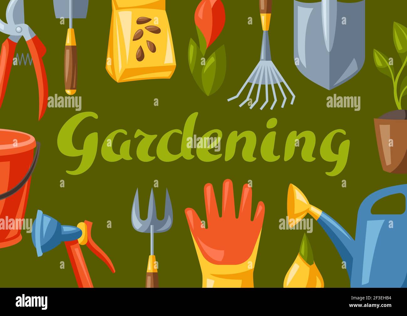 Background with garden tools and equipment. Gardening illustration ...