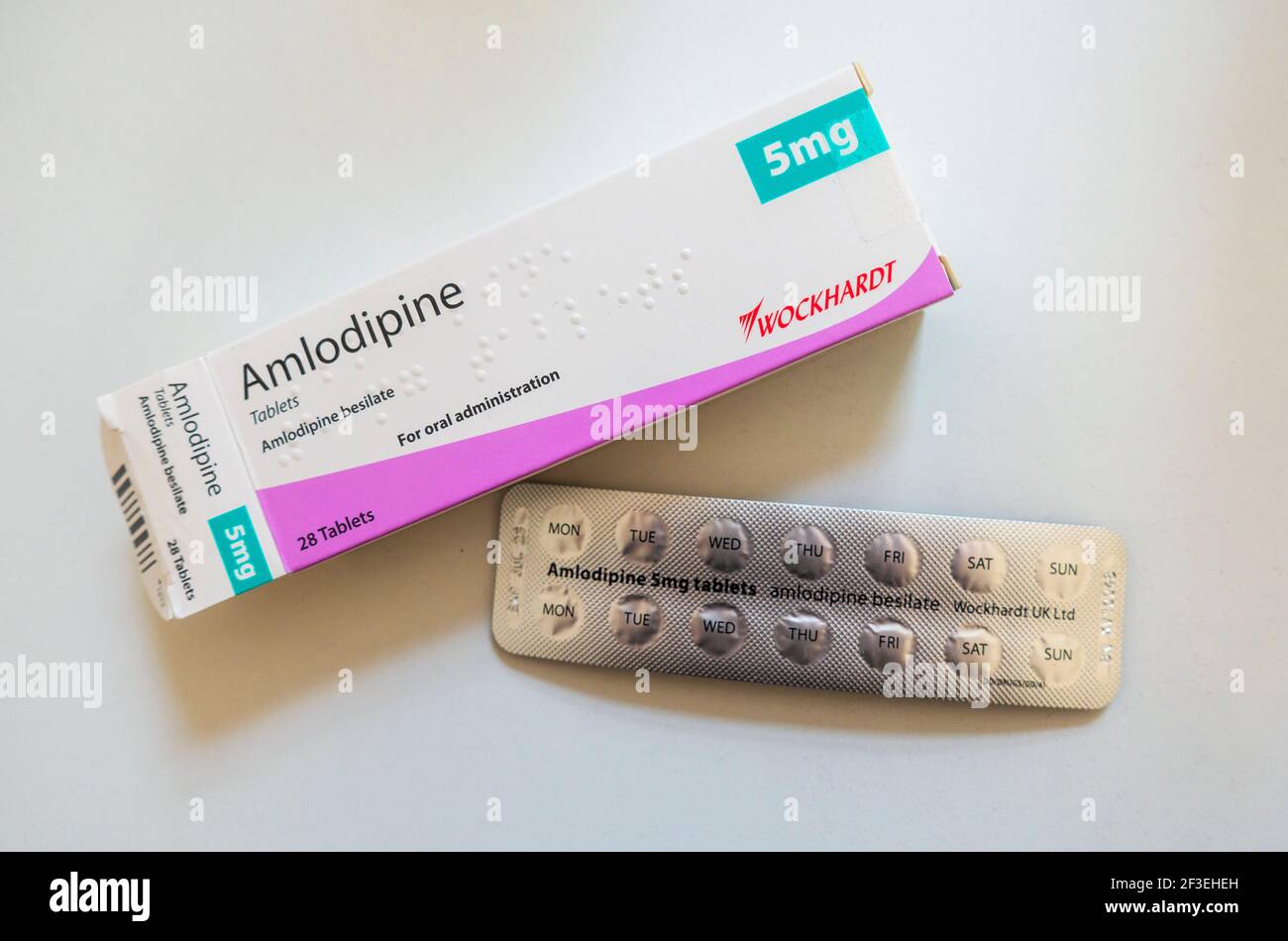 Amlodipine 5 mg is a blood pressure medication, a calcium channel blocker to treat high blood pressure and coronary artery disease. Stock Photo