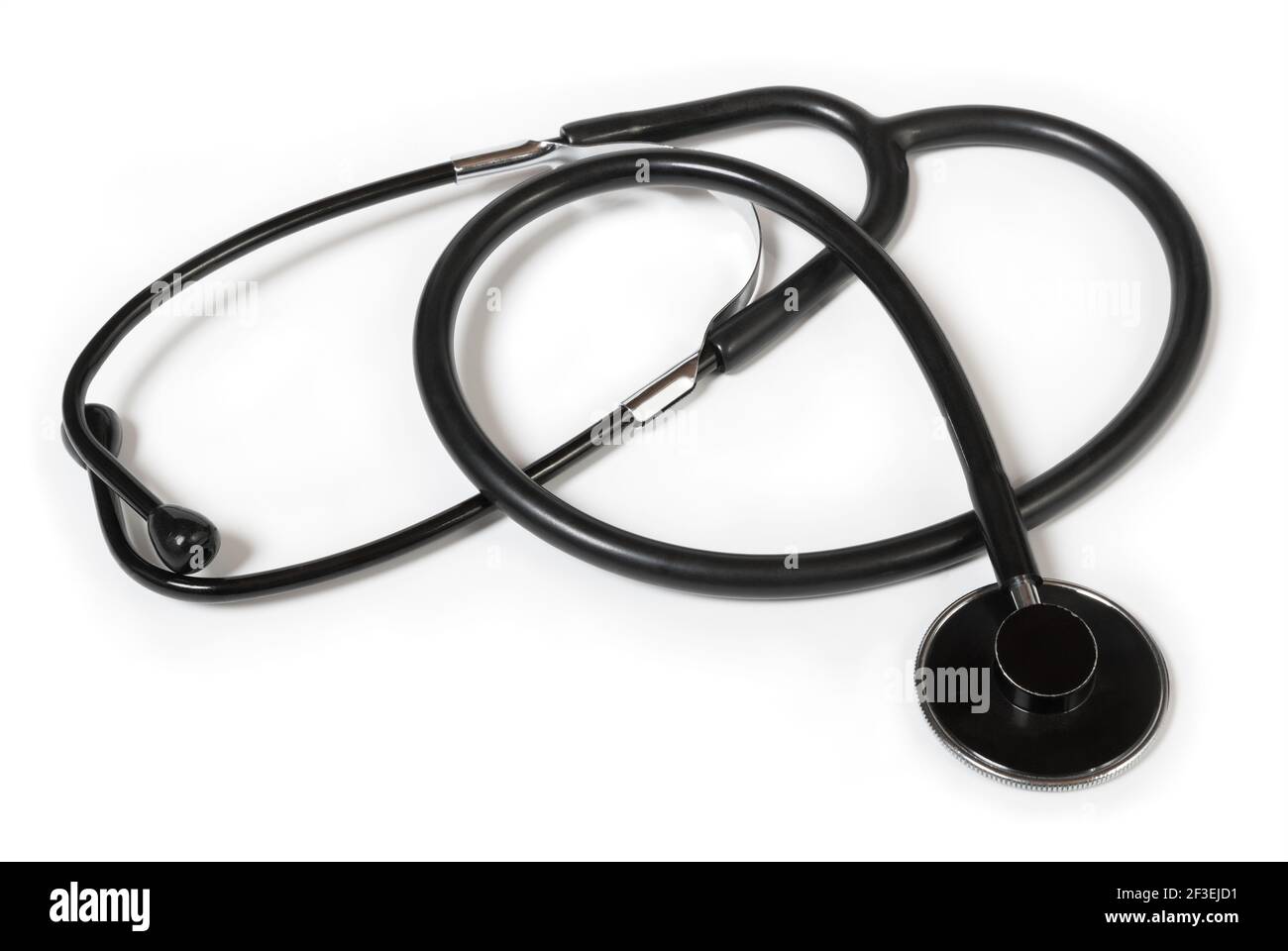 Modern black medical acoustic stethoscope isolated on white background. Closeup of diagnostic tool for heart beat.examination. Doctor office, hospital. Stock Photo