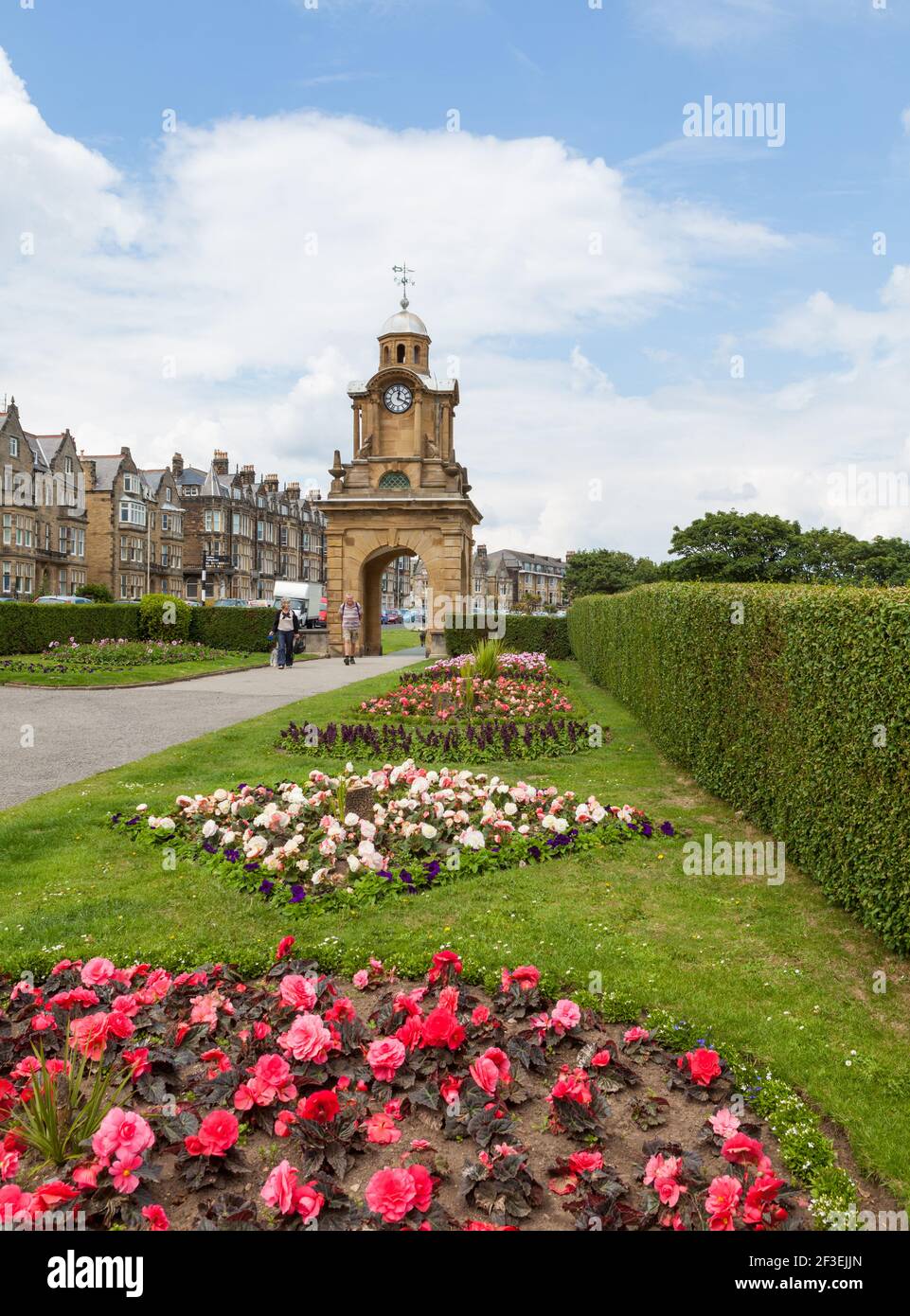 The George V coronation memorial clock tower in South Cliff Gardens, Scarbrough, North Yorkshire Stock Photo