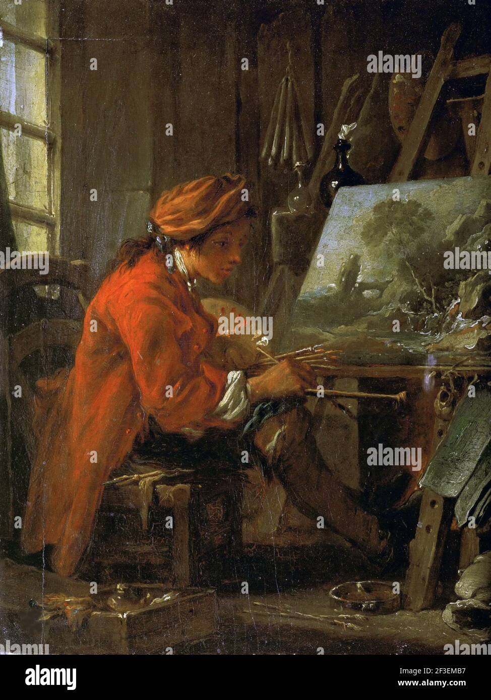 The painter in his studio (Self-Portrait), ca 1730. Found in the collection of Mus&#xe9;e du Louvre, Paris. Stock Photo