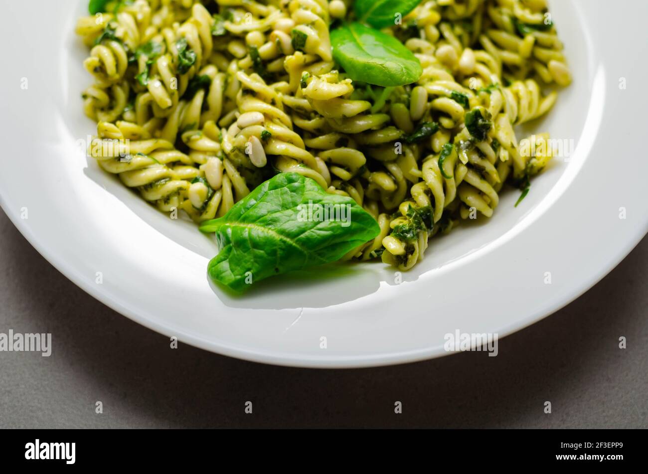 Pesto and pine nut pasta salad, fusilli pasta with regato cheese and