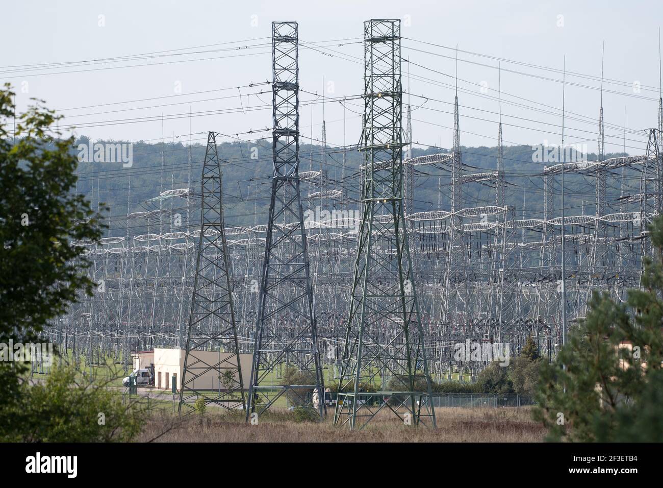 Electrical substation and high voltage power lines in Zarnowiec, Poland