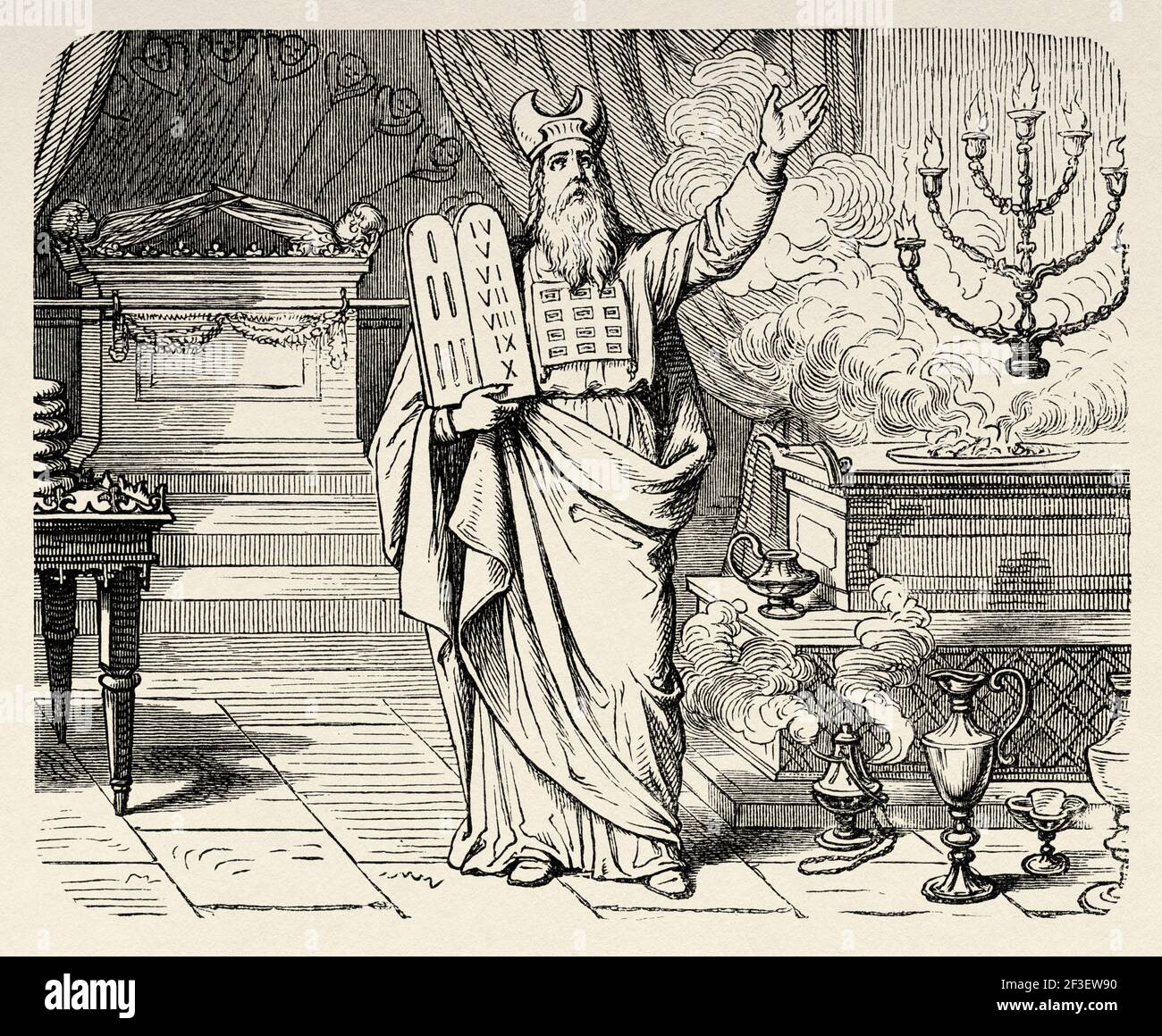 Moses showing the Tables of the Law with the Ten Commandments, Book of Exodus, Old Testament, Old 19th century engraved illustration from History of the Bible 1883 Stock Photo