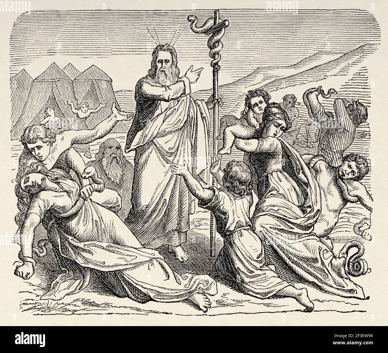 Exodus. The Serpent in the Wilderness. Jahve sent snakes to bite them and Moses interceded. Old Testament, Old 19th century engraved illustration from History of the Bible 1883 Stock Photo