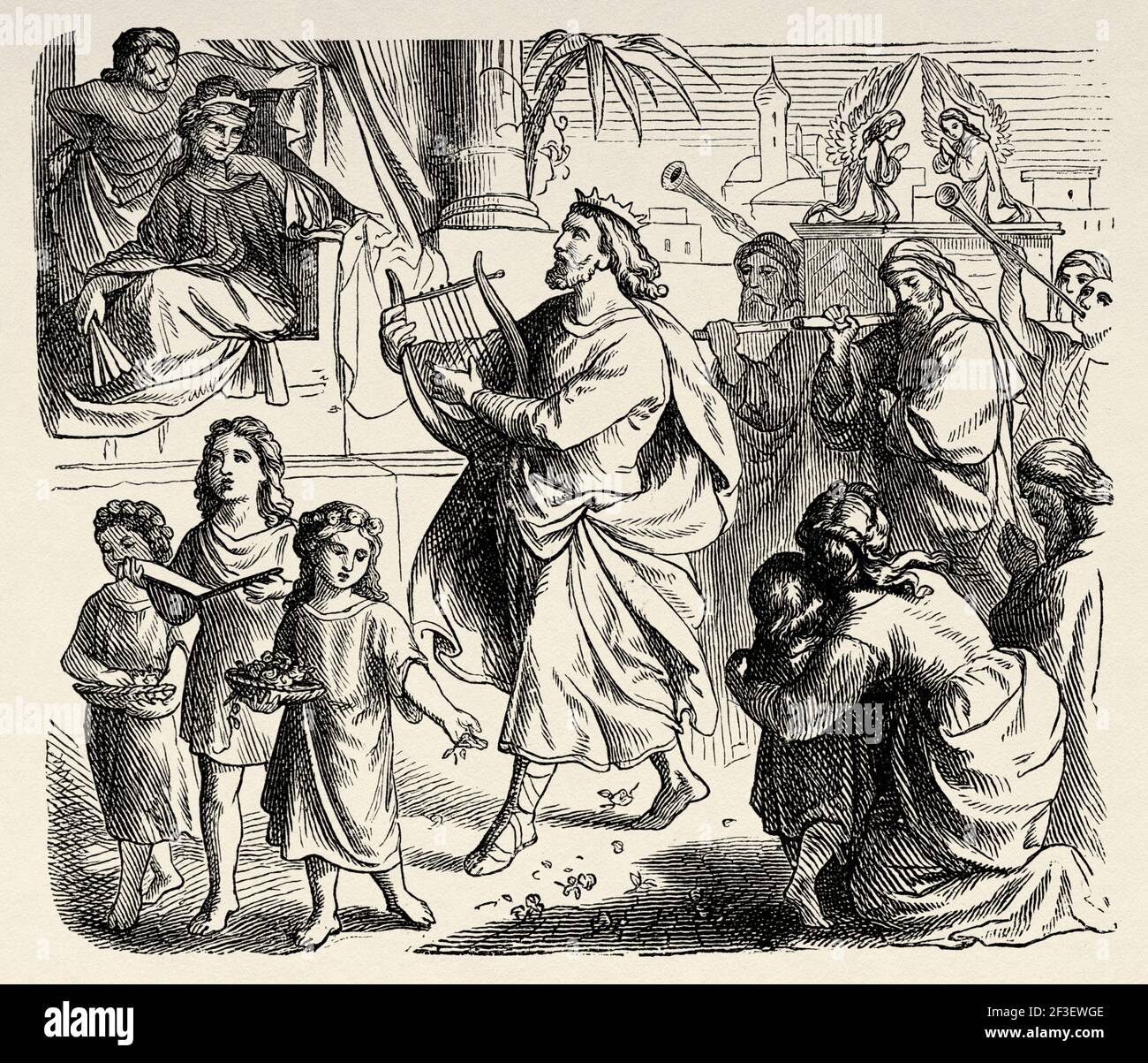 Bringing the Holy Ark of God to Jerusalem. King David playing his harp before the Holy Ark. David and all the house of Israel brought up the Holy Ark of the Lord with shouting and with the sound of the trumpet. The Holy Bible II Samuel 6. Old Testament, Old 19th century engraved illustration from History of the Bible 1883 Stock Photo