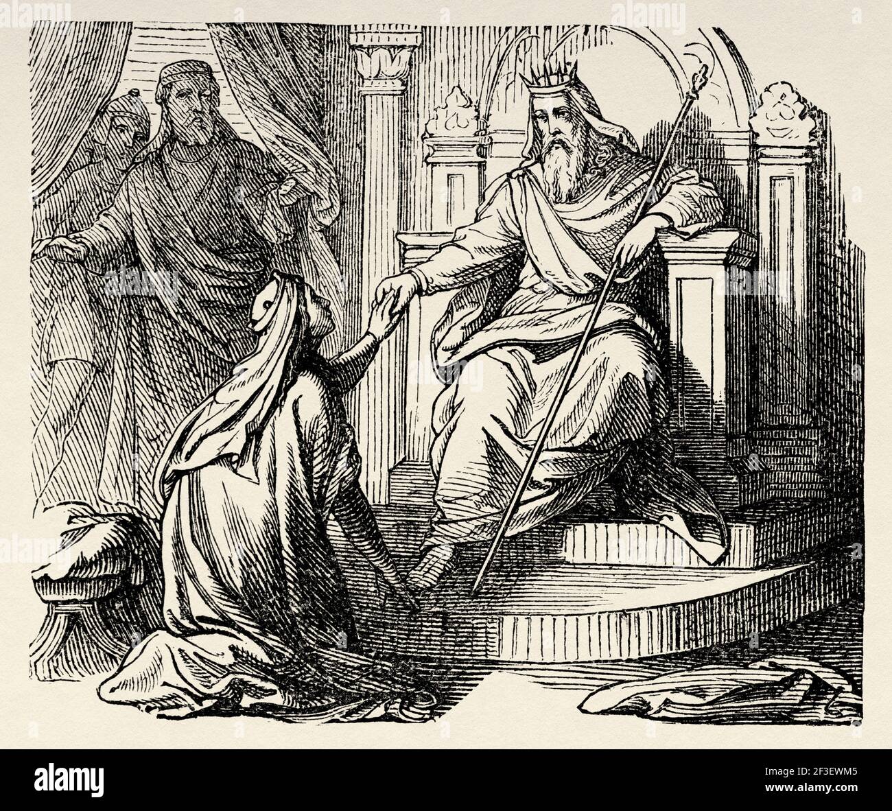 Esther standing with Mordecai in front of throne of Persian king Ahausuerus. Old Testament, Old 19th century engraved illustration from History of the Bible 1883 Stock Photo