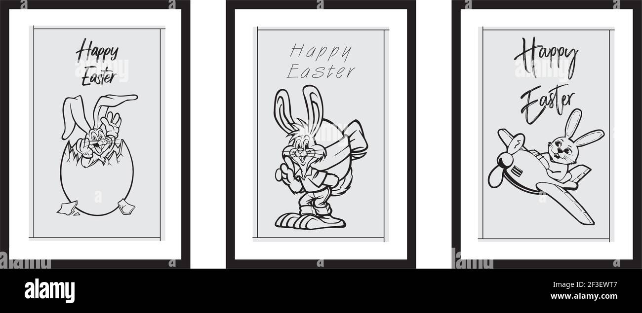 Three different design minimalist poster for happy easter in black frame with eggs,nest, typography - vector Stock Vector
