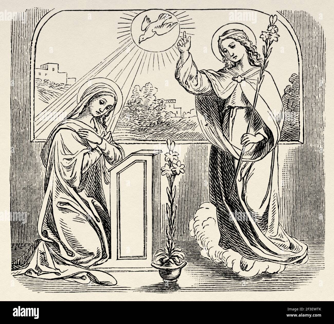 Virgin Mary annunciation. The announcement of the angel Gabriel to the Blessed Virgin Mary. Announcement of the birth of Jesus. The angel Gabriel was sent by God to a city in Galilee called Nazareth. Luke book, New Testament, Old 19th century engraved illustration from History of the Bible 1883 Stock Photo