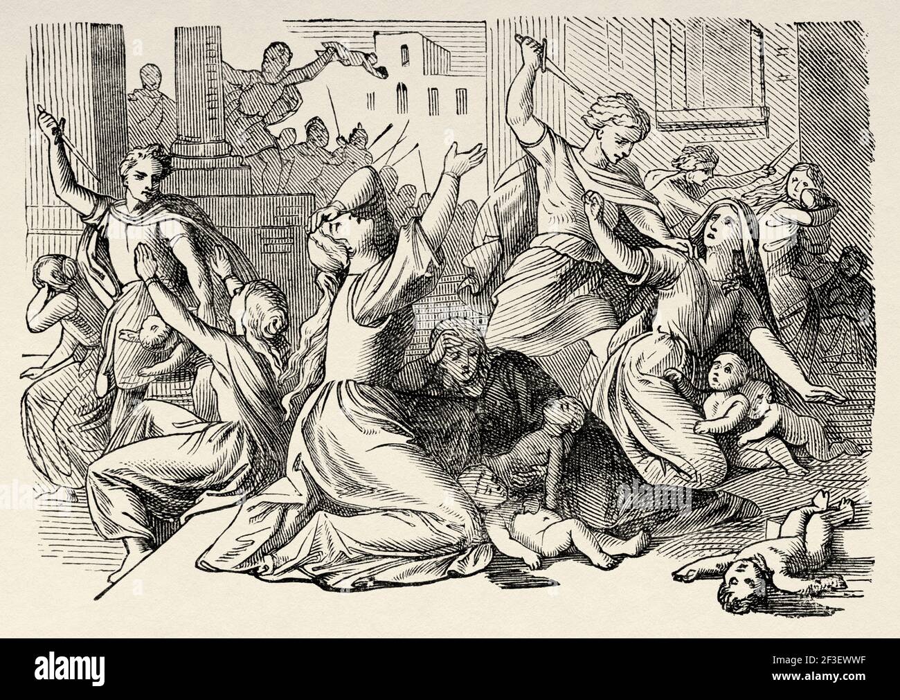 The Massacre of the Innocents. Herod, king of Judea, order the execution of all male children two years old in Bethlehem. Matthew book, New Testament, Old 19th century engraved illustration from History of the Bible 1883 Stock Photo