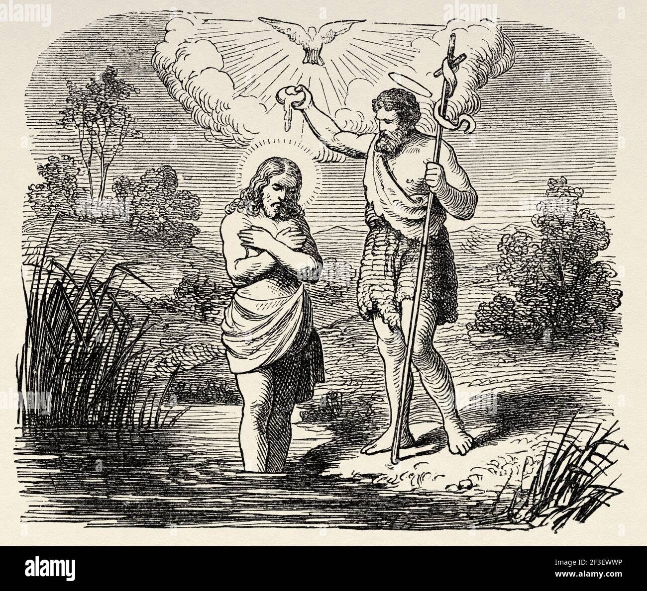 The baptism of Jesus in the Jordan. In the baptism of Jesus Yahweh God bears witness to his son. Luke book, New Testament, Old 19th century engraved illustration from History of the Bible 1883 Stock Photo