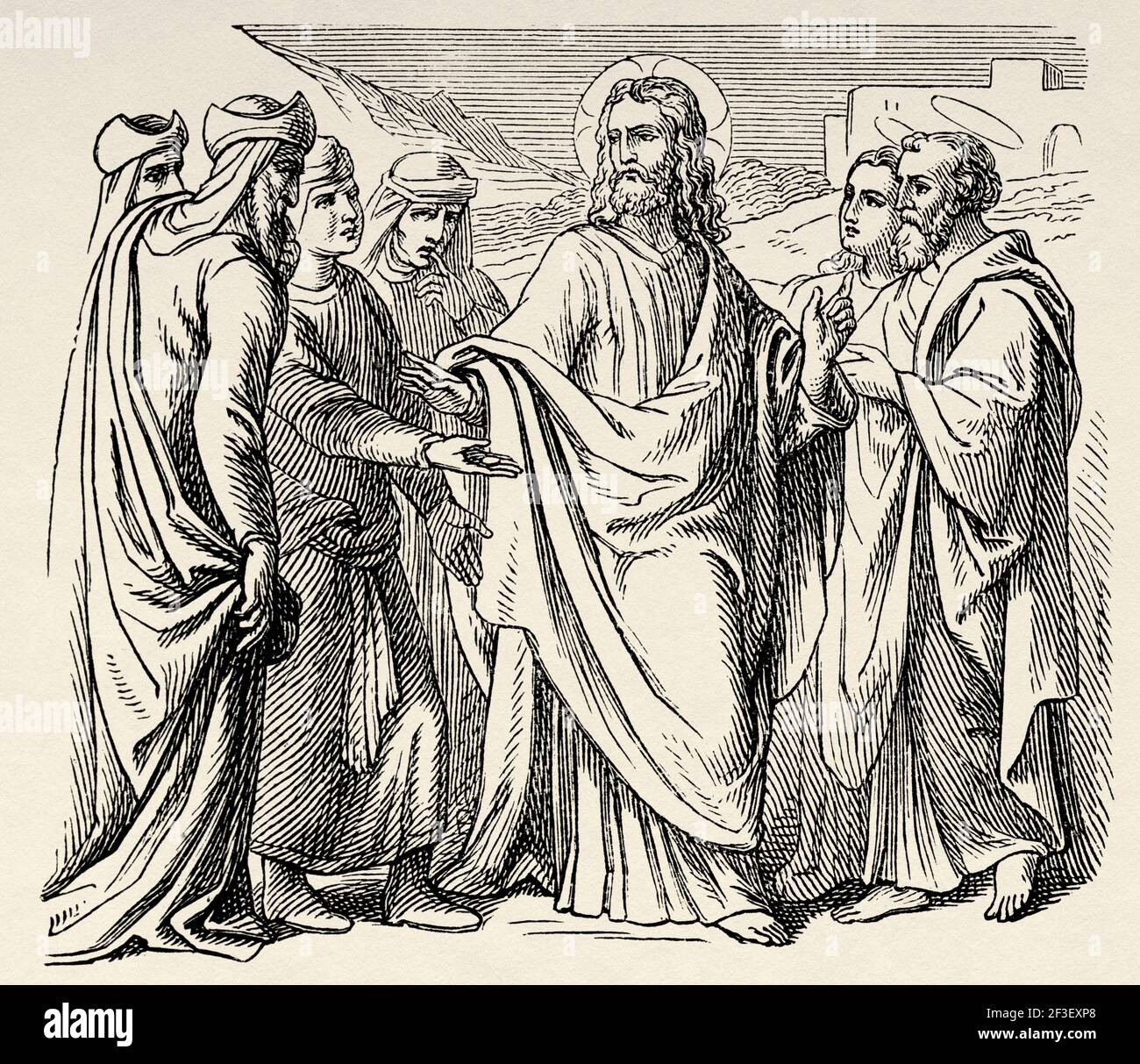 The Tribute Money. Jesus said to them: Give to Caesar what is Caesar's, and to God what is God's. New Testament, Old 19th century engraved illustration from History of the Bible 1883 Stock Photo