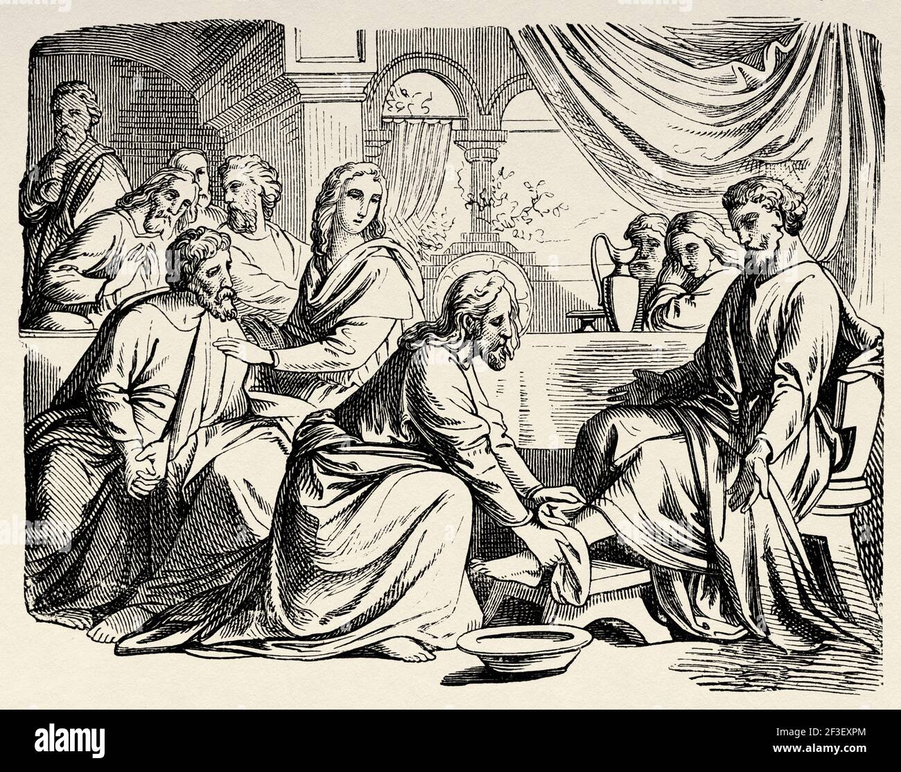 The foot washing. Our Lord Jesus the son of God washes the feet of his disciples. John book, New Testament, Old 19th century engraved illustration from History of the Bible 1883 Stock Photo