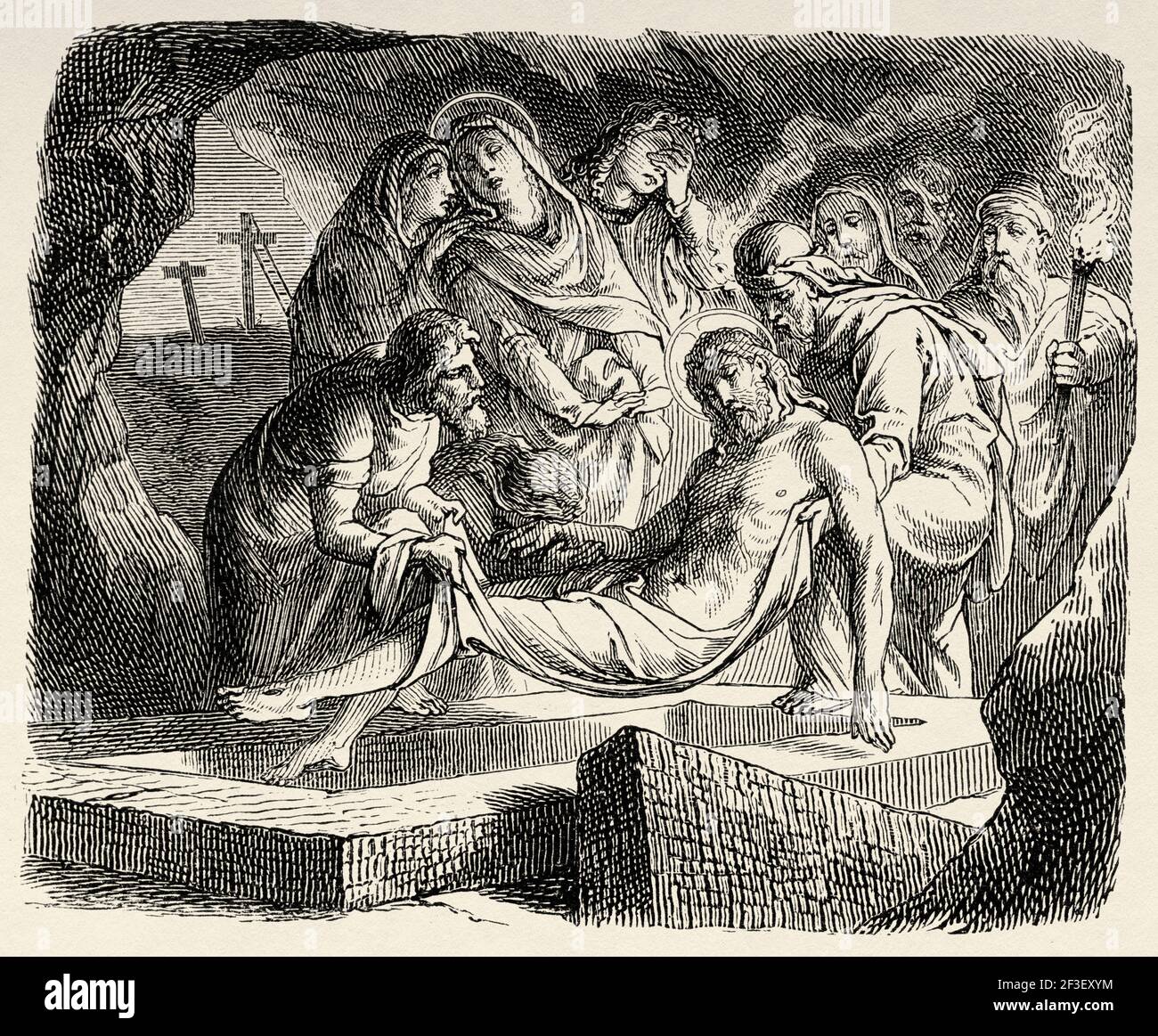 Jesus Buried. The dead Jesus. Joseph of Arimathea is placing his body in a tomb, Luke 23. New Testament, Old 19th century engraved illustration from History of the Bible 1883 Stock Photo