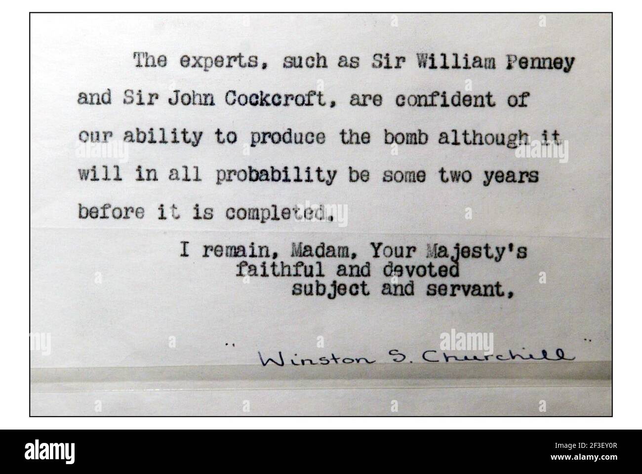 2 nd page...Letters ........Churchill was devoted to the young Queen and let her know that the cabinet was on the verge of deciding that her kingdom would moove to the next and most awesome generation of nuclear wepons. Parliament was finally told of the H bomb decision in Feb 1955  It can be seen at The National Archives, Kew, as part of the acclaimed Secret State Exhibition opening this Friday (2 April).copy by David Sandison 31/3/2004 Stock Photo