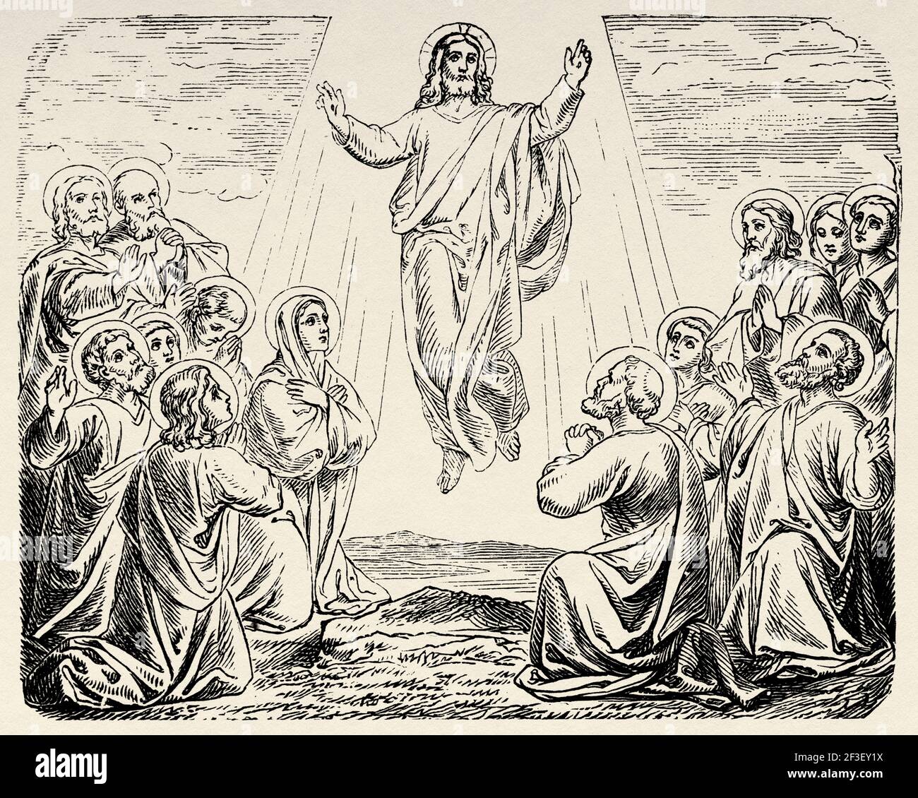 The ascension of Christ. Our Lord Jesus the son of God ascends to the heavens before the apostles. Luke book, New Testament, Old 19th century engraved illustration from History of the Bible 1883 Stock Photo
