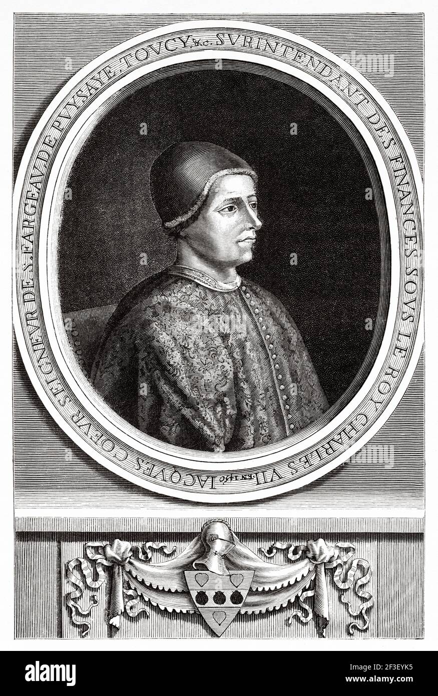 Portrait of Jacques Coeur (Bourges, 1395 - Chios, 1456) French merchant. France, Europe. Old 19th century engraved illustration from Histoires de l'Ancien Temps 1889 Stock Photo