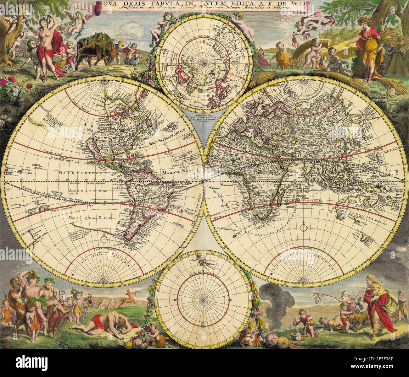 Old color lithography. Nova orbis tabvla in lvcem edita A. F. de Wit, World map by Frederick de Wit (1630-1706) Dutch mathematician and cartographer. Amsterdam, 17th century Stock Photo