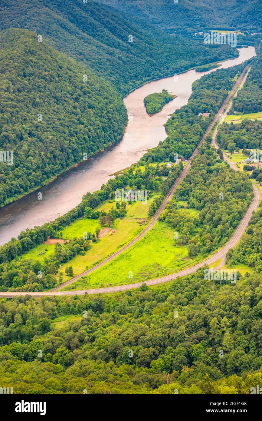 West Branch Susquehanna River valley from Hyner View State Park, Pennsylvania with the Bucktail Trail (state route 120) USA. Stock Photo