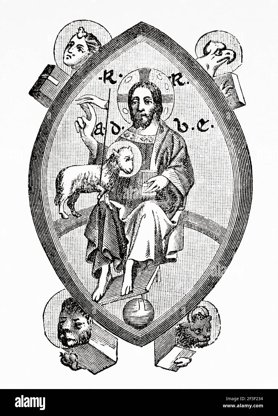 Jesus Good Shepherd. Old 19th century engraved illustration from Jesus Christ by Veuillot 1890 Stock Photo