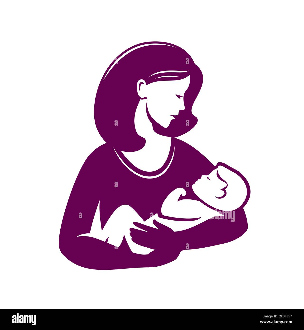 Mother loving hugs little baby symbol. Mothers day, motherhood or logo Stock Vector