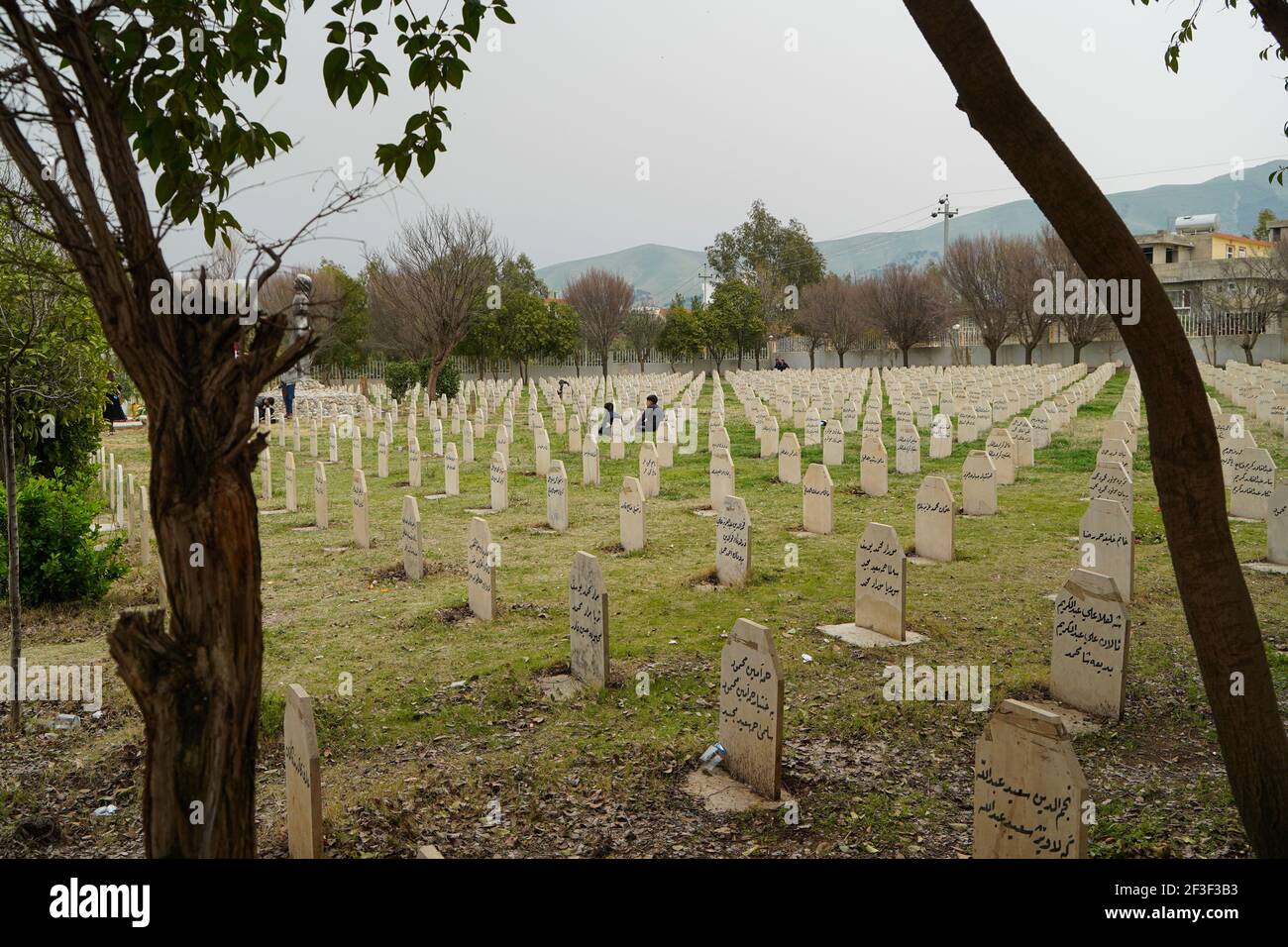 Halabja, Iraq. 16th Mar, 2021. A view of the grave yard where the victims of the Halabja chemical attack were buried.The 33rd anniversary of the chemical attack carried out by the Iraqi government on March 16, 1988 on the city of Halabja in the Kurdistan Region, which killed nearly 5000 people and injured 10000 most of them civilians. Thousands of the city's residents died in the year following the attack due to health complications and due to diseases and birth defects. (Photo by Ismael Adnan/SOPA Images/Sipa USA) Credit: Sipa USA/Alamy Live News Stock Photo