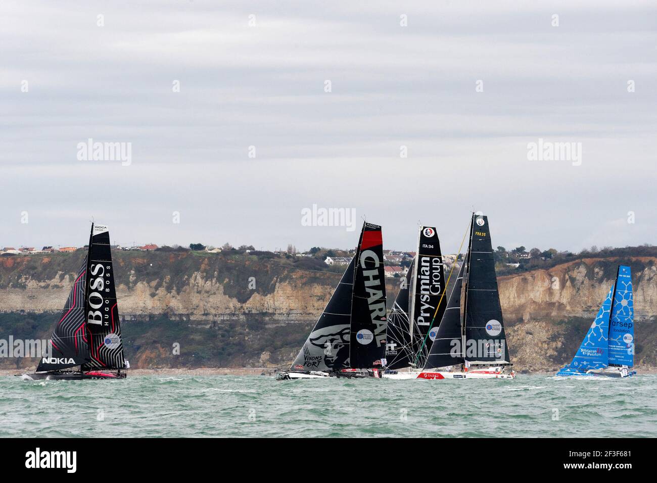 Hugo Boss, THOMSON Alex (gbr), McDONALD Neal (gbr), action and Charal, BEYOU Jeremie (fra), PRATT Christopher (fra) during the start of 14th edition of the Transat Jacques Vabre duo sailing race at Le Havre harbour on October 27, 2019 at Le Havre, France - Photo Francois van Malleghem / DPPI Stock Photo