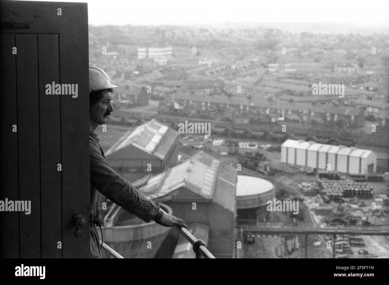 Mine worker overlooking the town of Sunderland at Monkwearmouth colliery Stock Photo