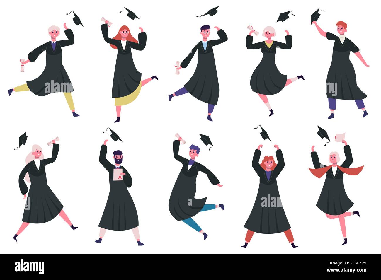 Happy dancing graduates. Group of celebrating university or college graduates. Jumping and dancing graduating students vector illustration set Stock Vector