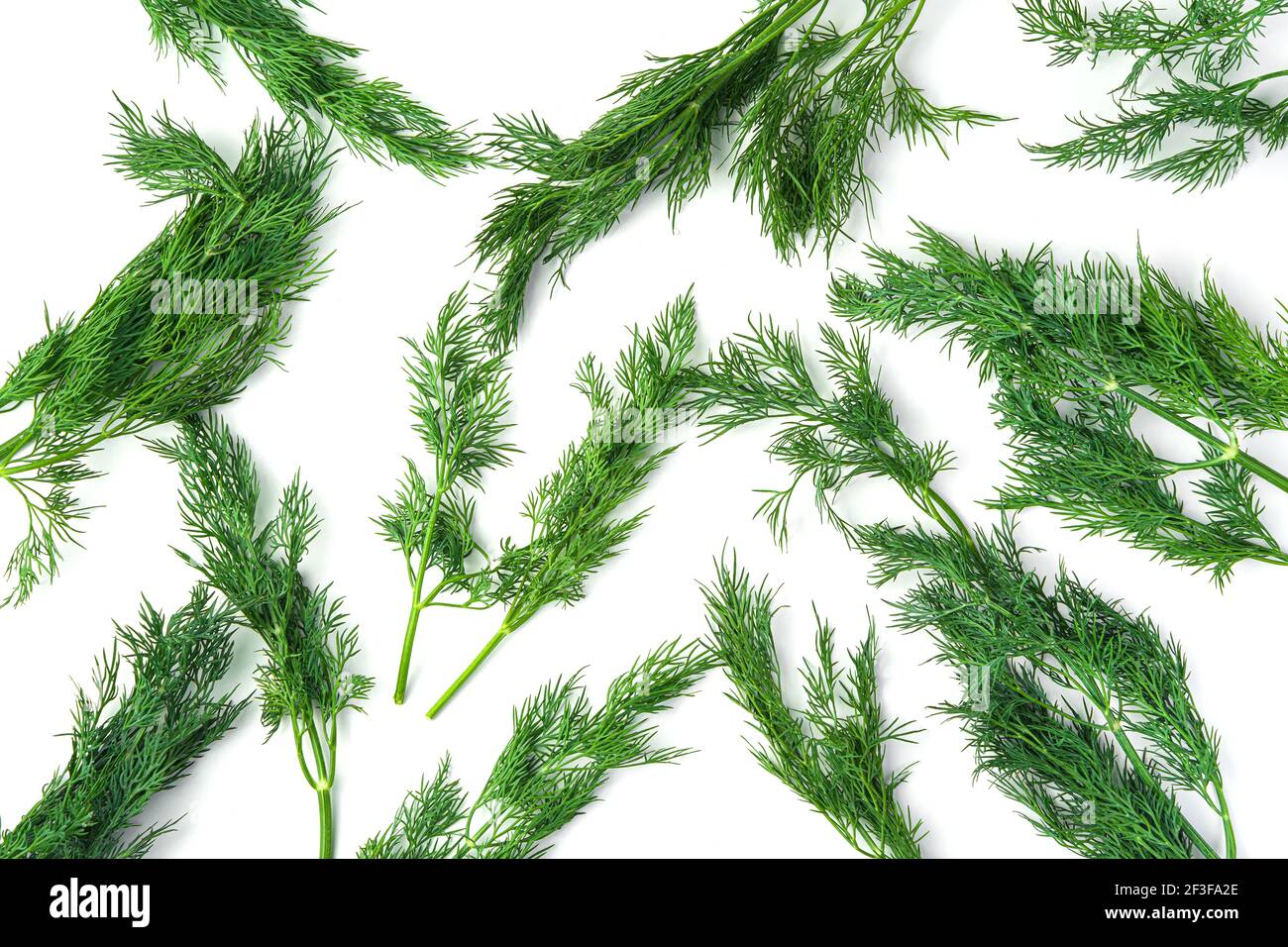 Dill branches are randomly arranged on a white table. Top view, horizontal. Stock Photo