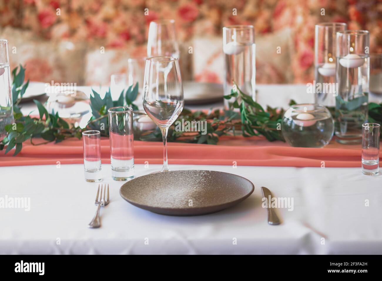 Wedding boho table setting and decor. Festive dinner. Stock Photo