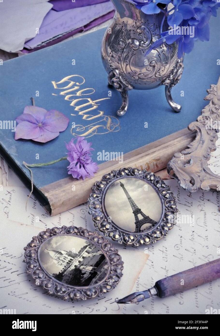 A vertical aesthetic purple decorated space with a book with