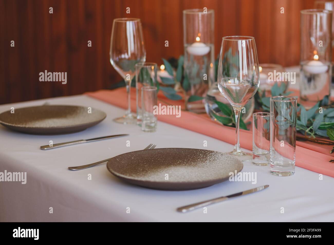 Wedding boho table setting and decor. Festive dinner. Stock Photo