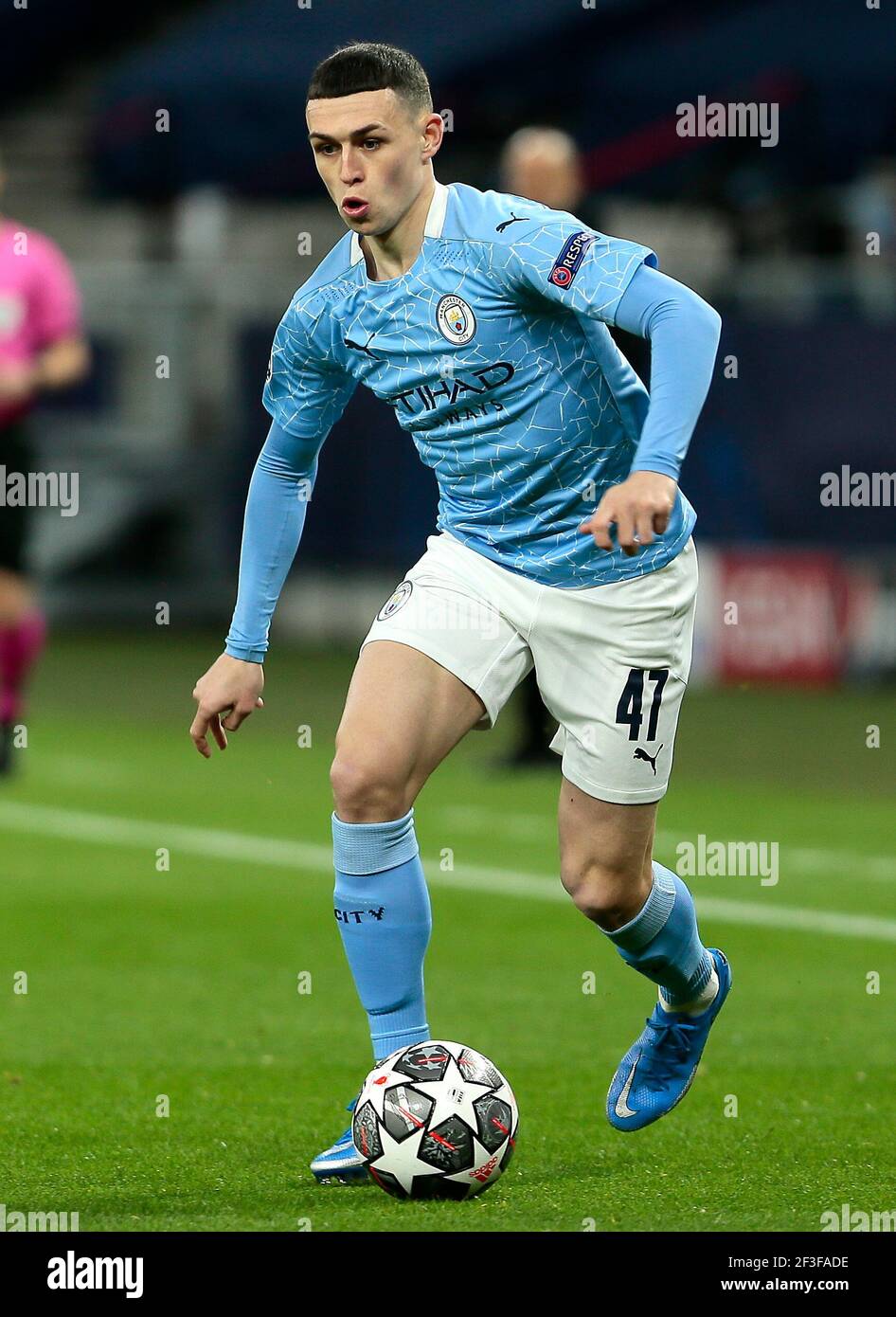 Manchester City's Phil Foden in action during the Champions League round of 16 second leg match at Puskas Arena, Budapest. Picture date: Tuesday March 16, 2021. Stock Photo