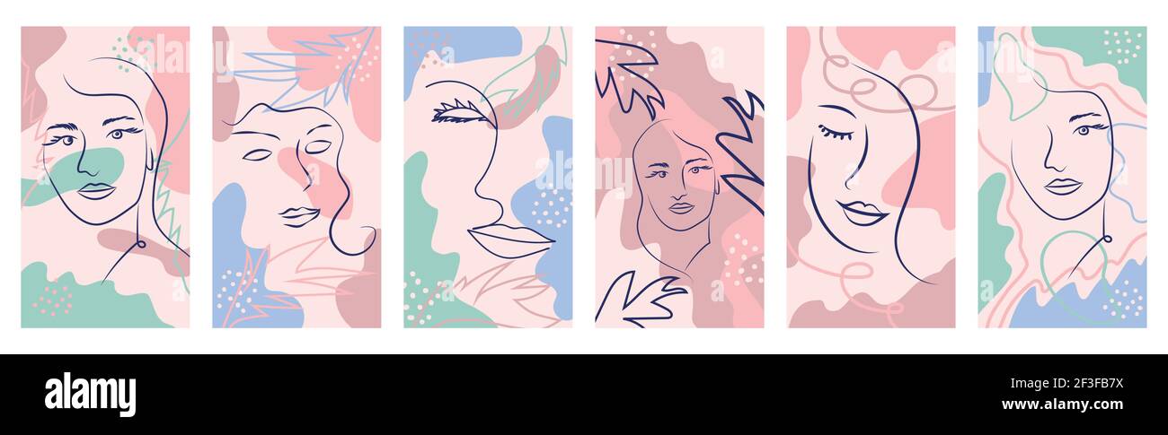 Set of Woman's Face continuous Line art. Portrait of a female For ...