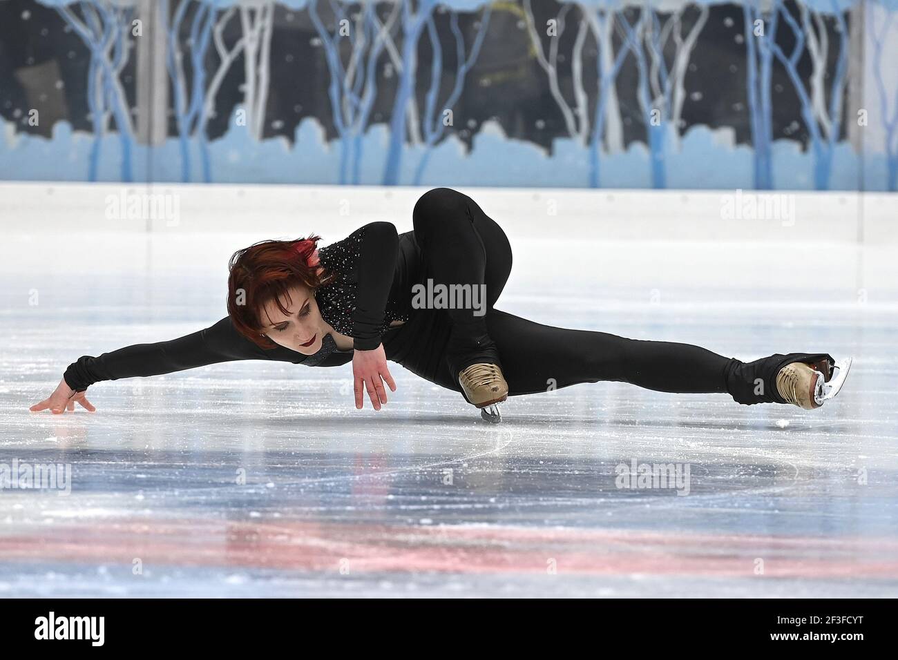 Professional skater Sarah France performs a solo routine during the 2021  City Skate Pop-Up Concert at the Winter Village Bryant Park ice skating rink  in New York, NY, March 16, 2021. (Photo